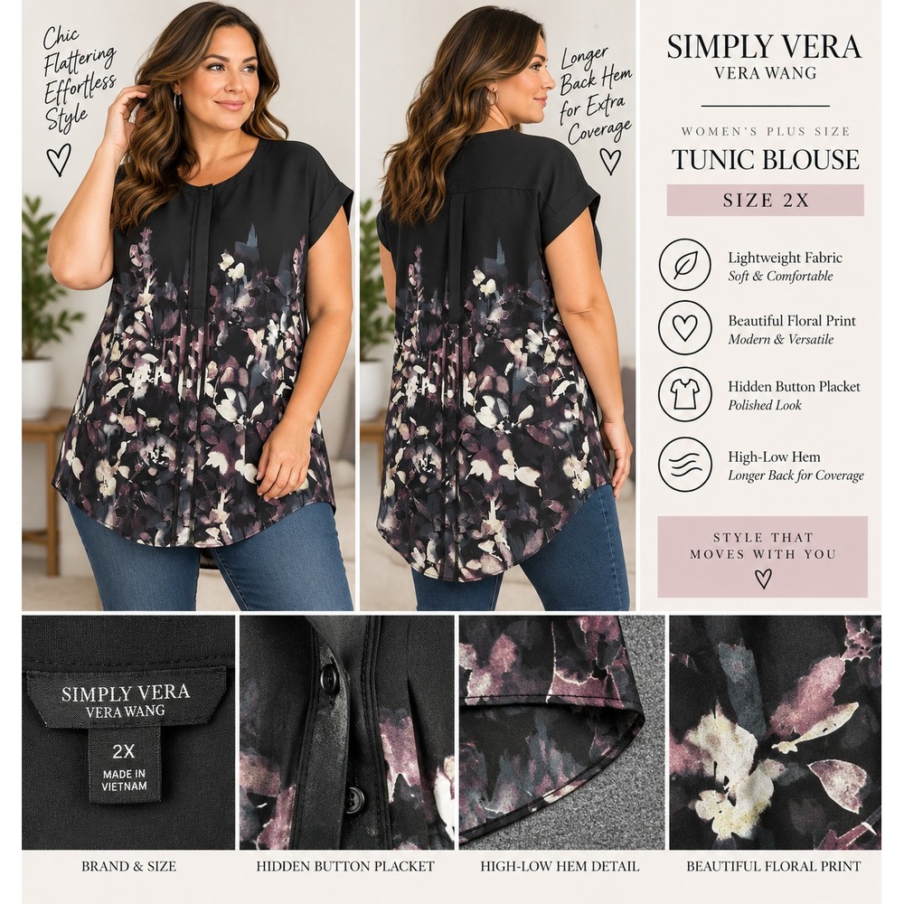 Simply Vera Vera Wang Blouse Womens 2X Black Floral Hidden Button Up Shirt SS